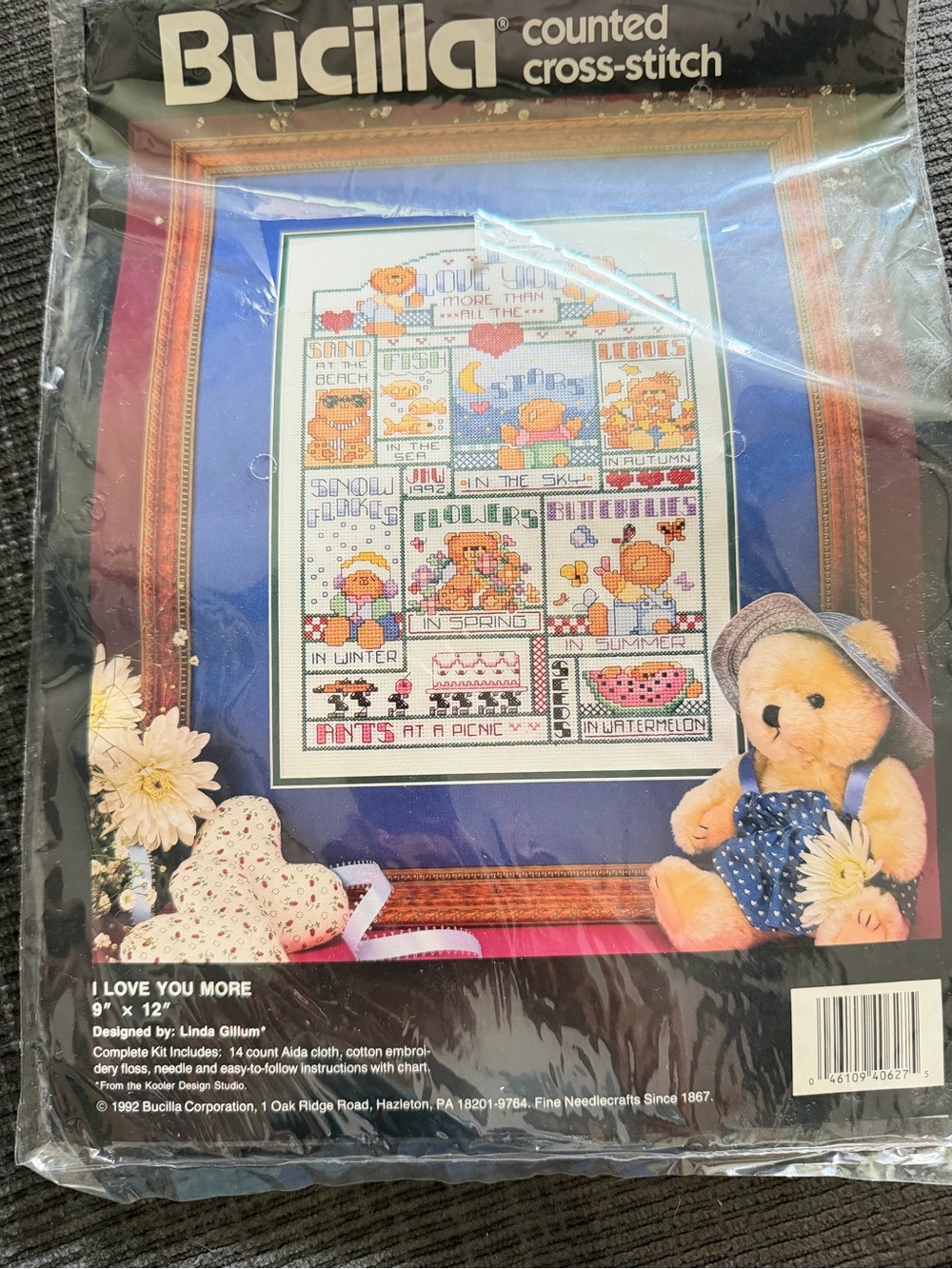 Bucilla Cross-Stitch Kit with Blue Matting and Cream Floral Accents